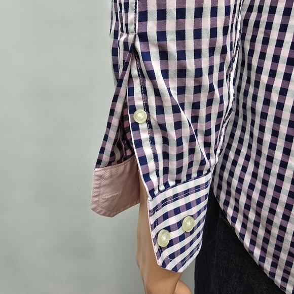 JOHNSTON & MURPHY Dress Shirt Sz M Tailored fit Contrast Flip Cuff Gingham check - Picture 5 of 13